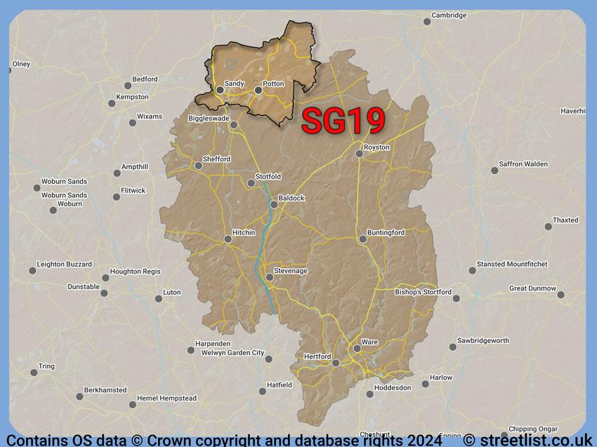 Where the SG19 postcode district lies within the wider  postcode area