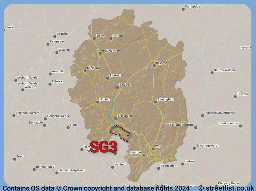 Where the SG3 postcode district lies within the wider  postcode area