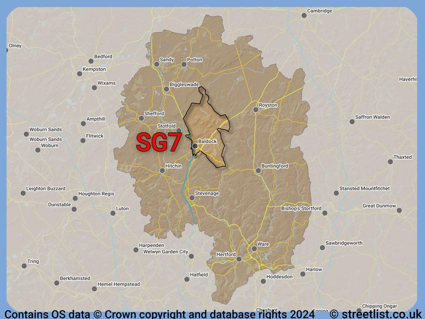 Where the SG7 postcode district lies within the wider  postcode area