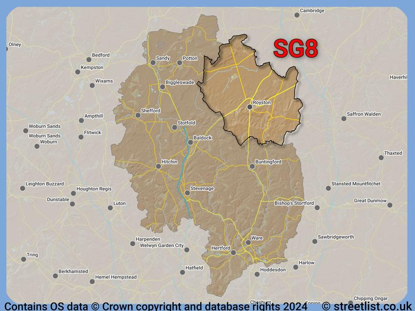 Where the SG8 postcode district lies within the wider  postcode area