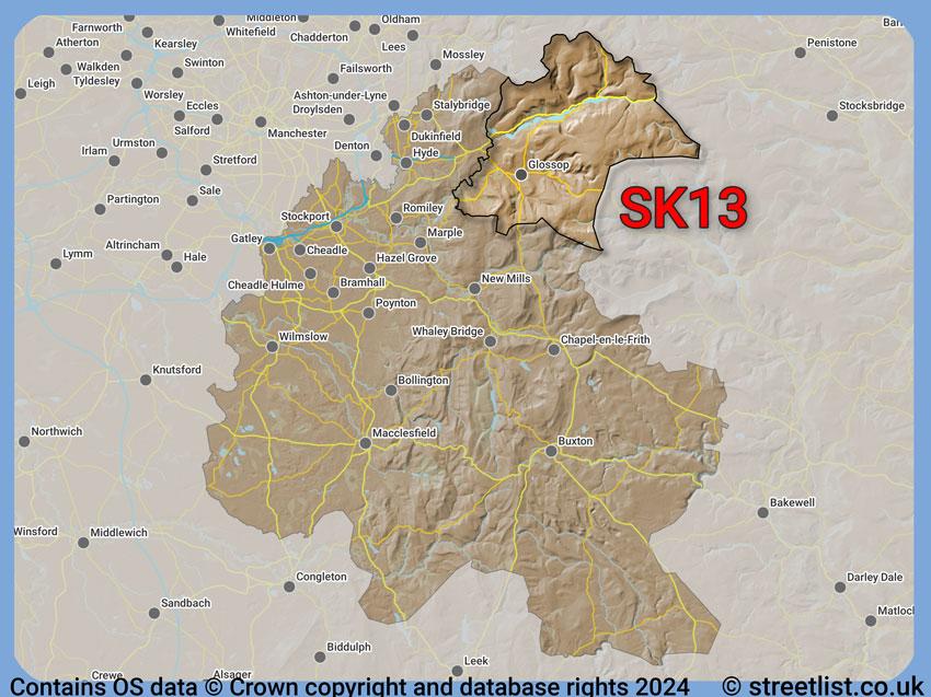 Where the SK13 postcode district lies within the wider  postcode area