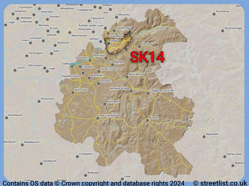 Where the SK14 postcode district lies within the wider  postcode area