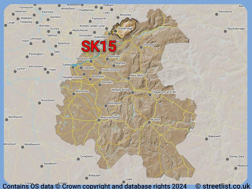 Where the SK15 postcode district lies within the wider  postcode area