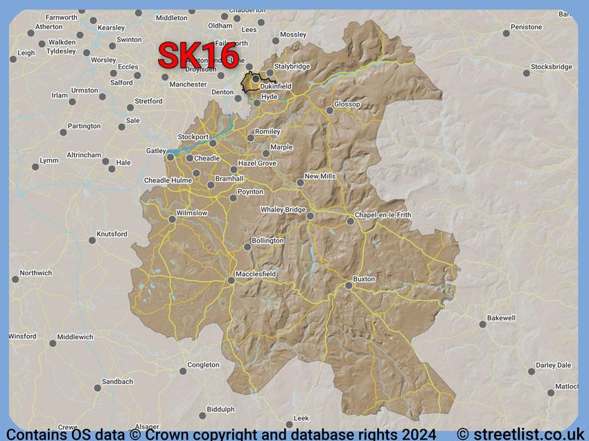 Where the SK16 postcode district lies within the wider  postcode area