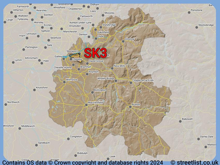 Where the SK3 postcode district lies within the wider  postcode area