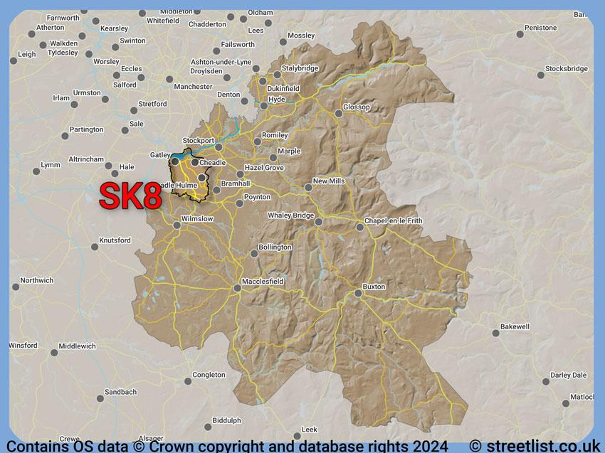 Where the SK8 postcode district lies within the wider  postcode area