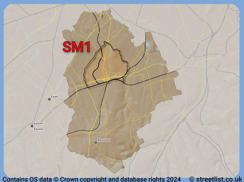 Where the SM1 postcode district lies within the wider  postcode area