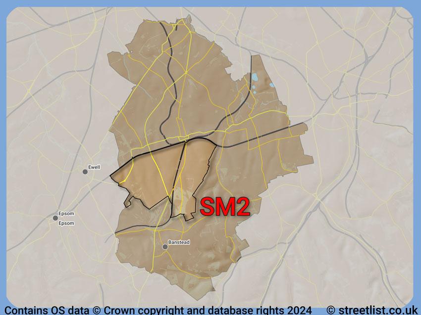 Where the SM2 postcode district lies within the wider  postcode area