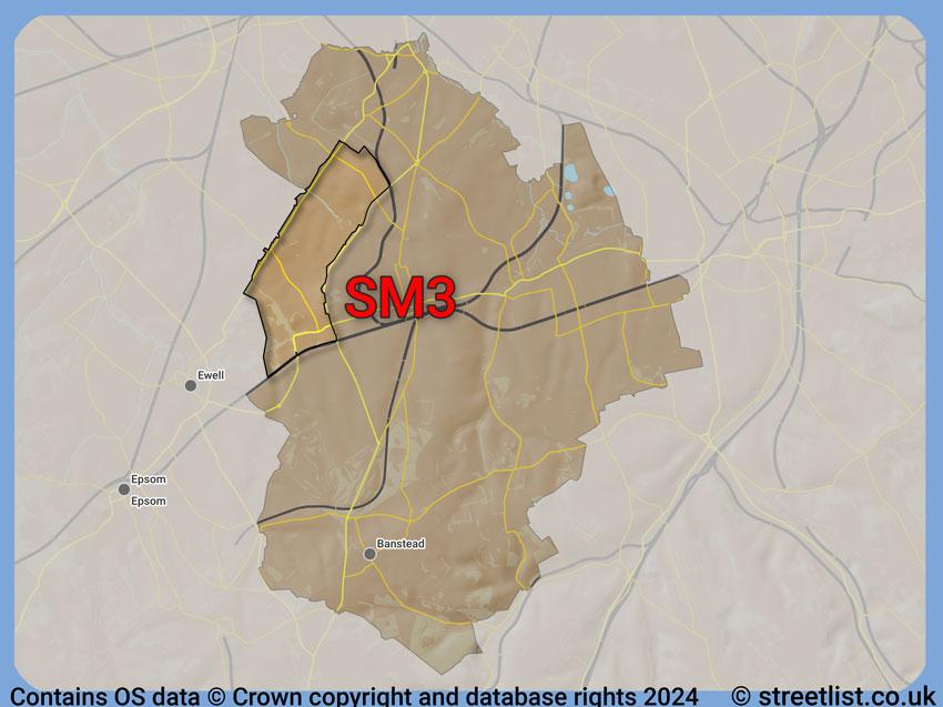 Where the SM3 postcode district lies within the wider  postcode area