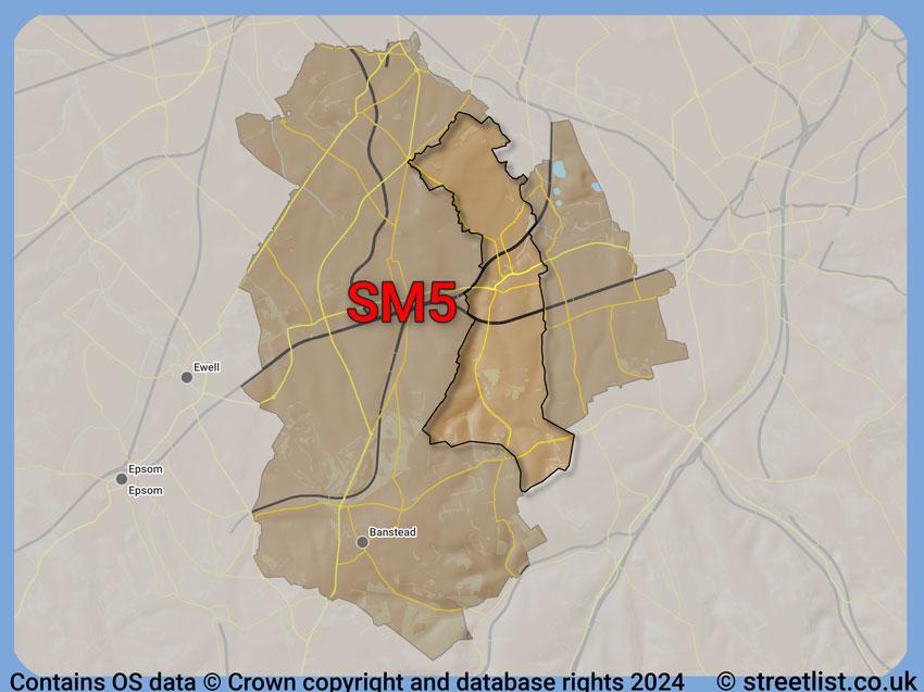 Where the SM5 postcode district lies within the wider  postcode area