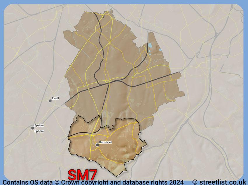 Where the SM7 postcode district lies within the wider  postcode area