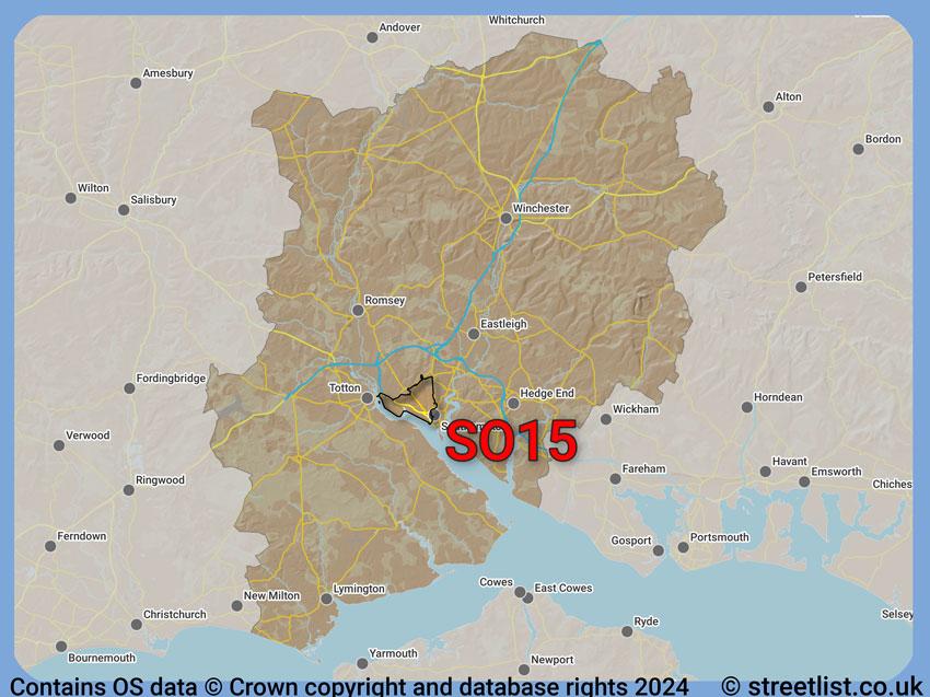 Where the SO15 postcode district lies within the wider  postcode area