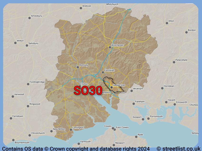 Where the SO30 postcode district lies within the wider  postcode area