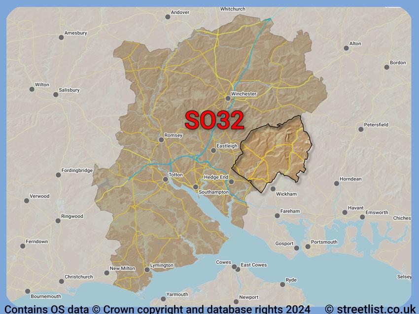 Where the SO32 postcode district lies within the wider  postcode area