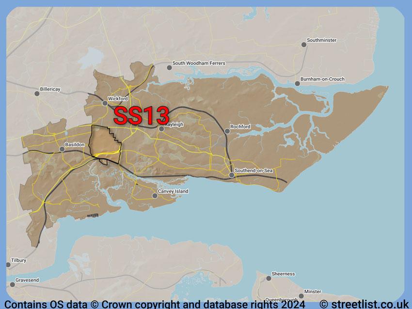 Where the SS13 postcode district lies within the wider  postcode area