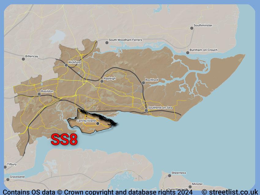 Where the SS8 postcode district lies within the wider  postcode area