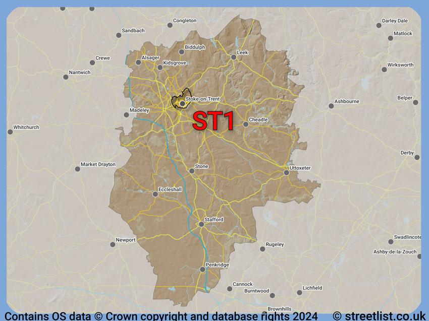 Where the ST1 postcode district lies within the wider  postcode area