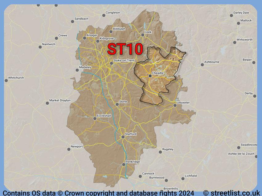 Where the ST10 postcode district lies within the wider  postcode area