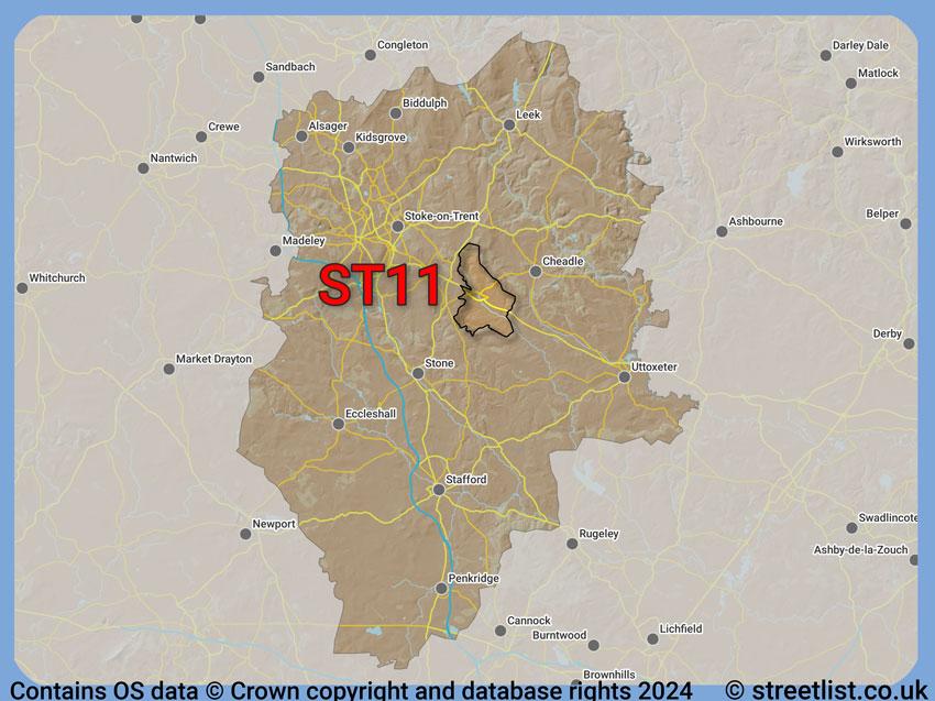 Where the ST11 postcode district lies within the wider  postcode area