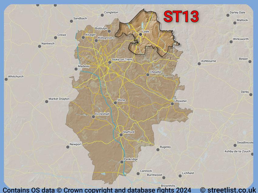 Where the ST13 postcode district lies within the wider  postcode area