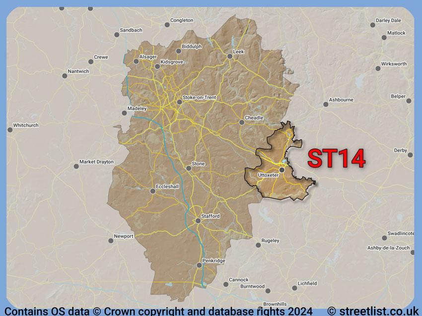 Where the ST14 postcode district lies within the wider  postcode area