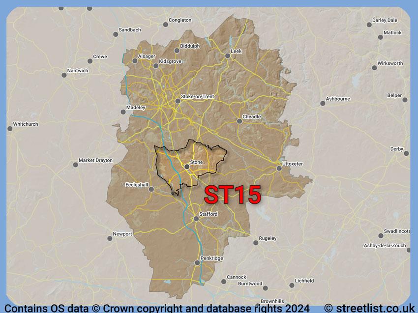 Where the ST15 postcode district lies within the wider  postcode area