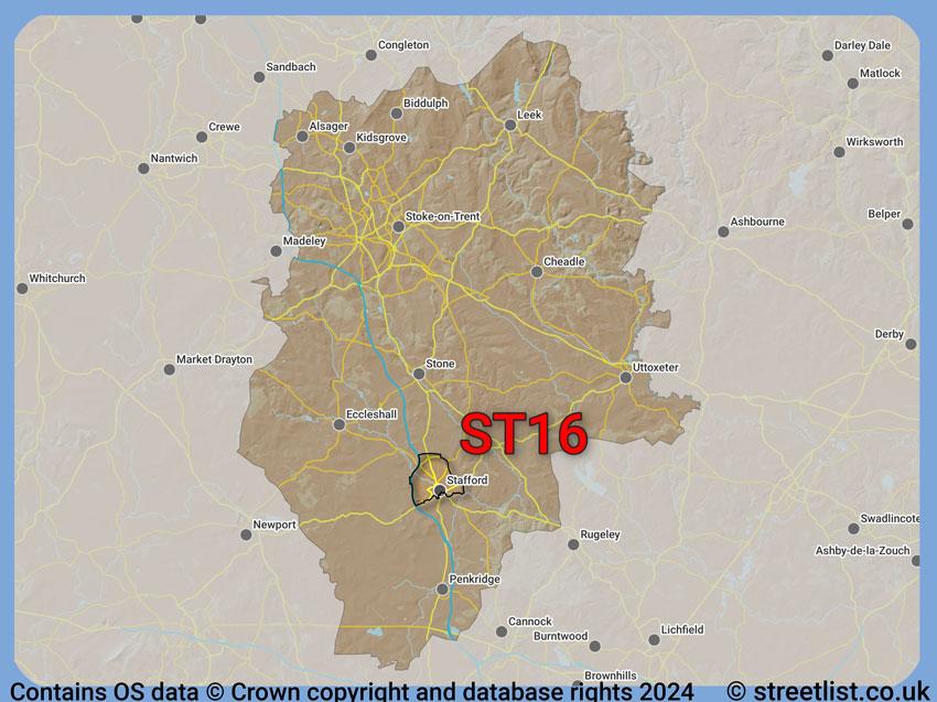 Where the ST16 postcode district lies within the wider  postcode area