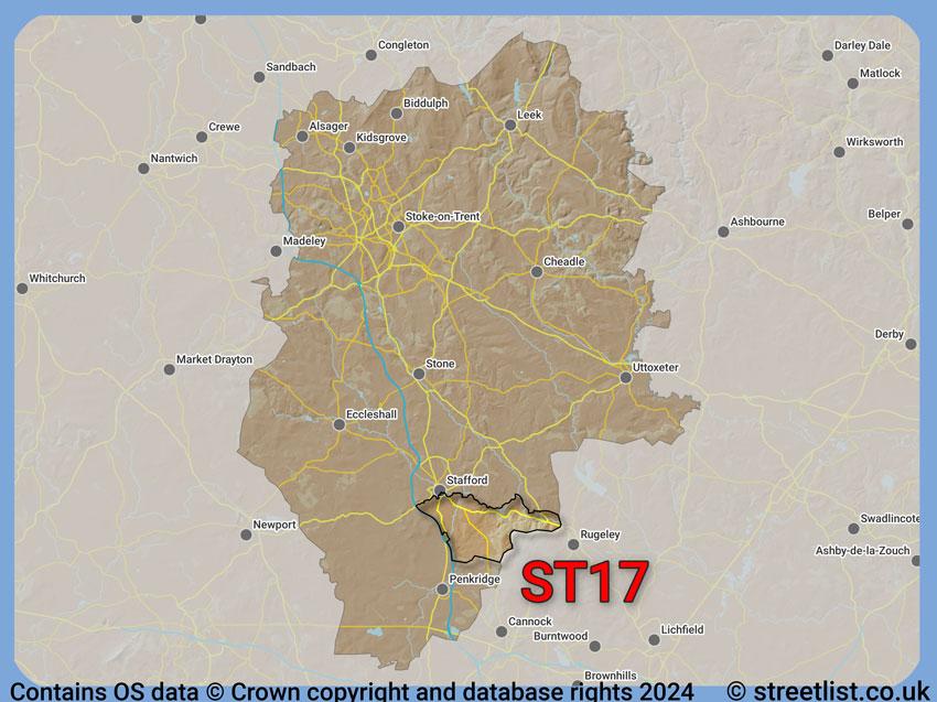 Where the ST17 postcode district lies within the wider  postcode area