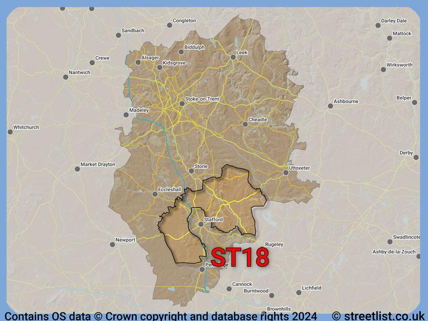 Where the ST18 postcode district lies within the wider  postcode area