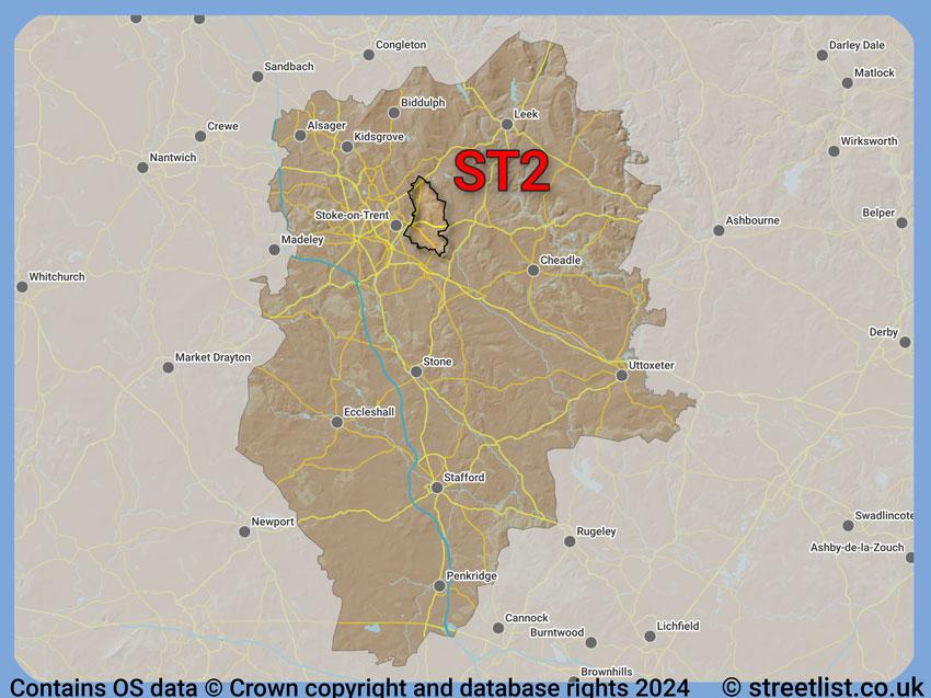 Where the ST2 postcode district lies within the wider  postcode area