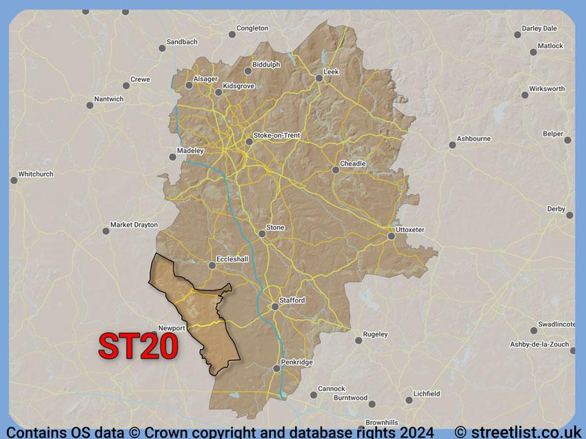 Where the ST20 postcode district lies within the wider  postcode area