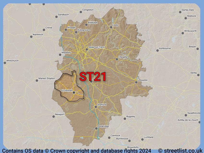 Where the ST21 postcode district lies within the wider  postcode area