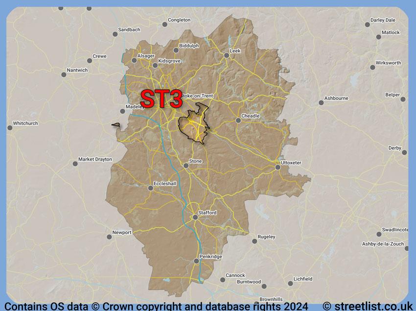 Where the ST3 postcode district lies within the wider  postcode area