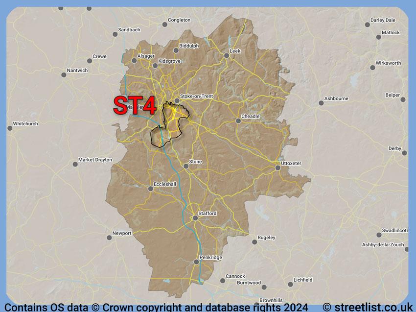 Where the ST4 postcode district lies within the wider  postcode area