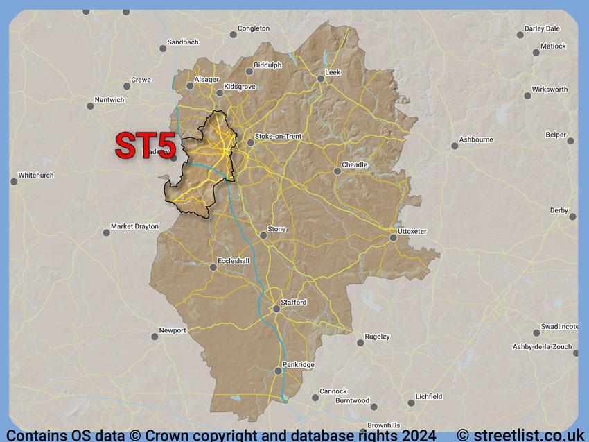 Where the ST5 postcode district lies within the wider  postcode area