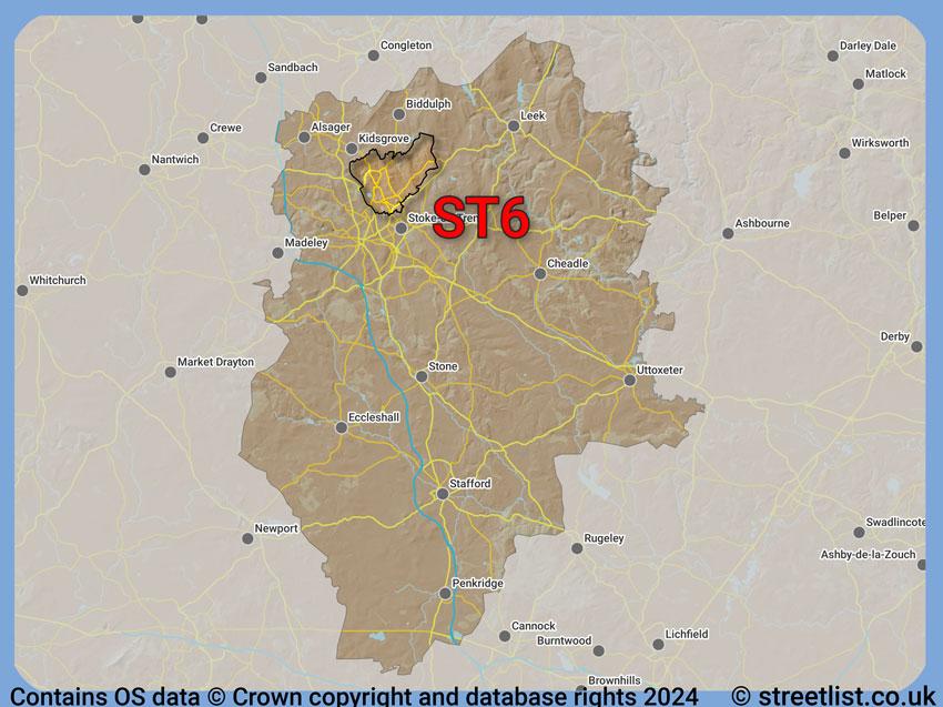 Where the ST6 postcode district lies within the wider  postcode area