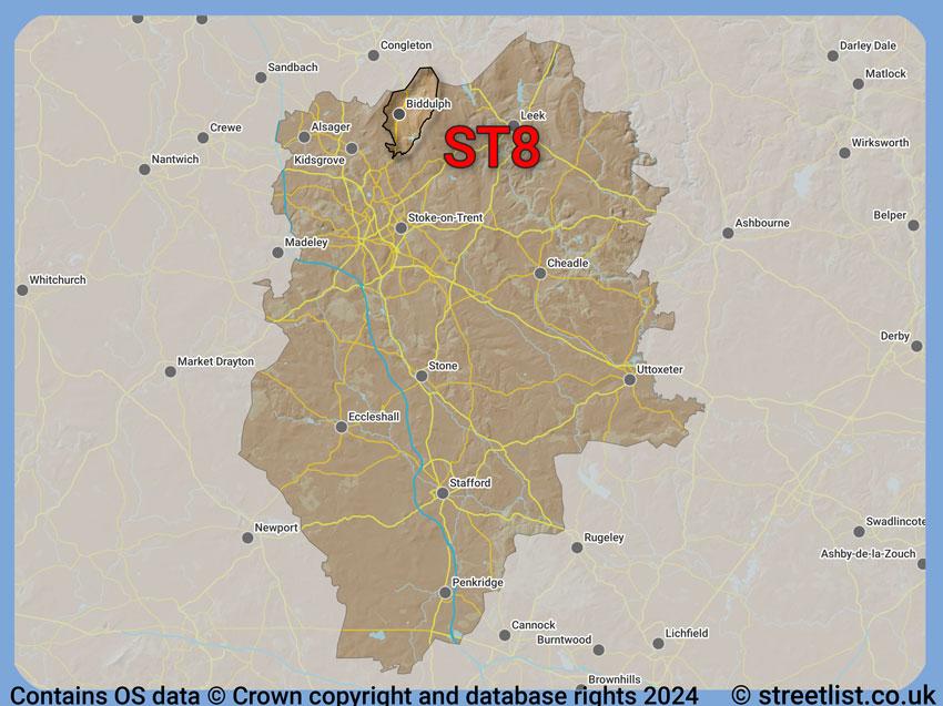 Where the ST8 postcode district lies within the wider  postcode area