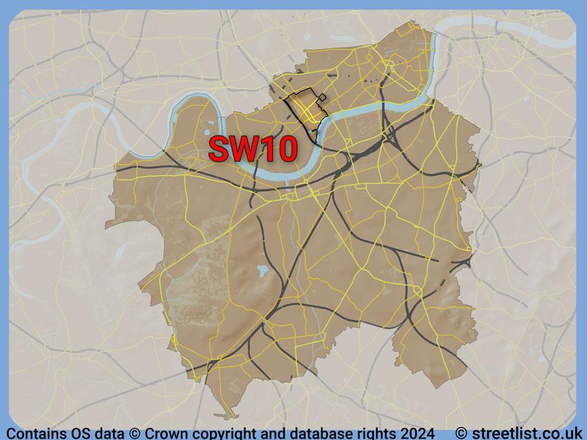 Where the SW10 postcode district lies within the wider  postcode area