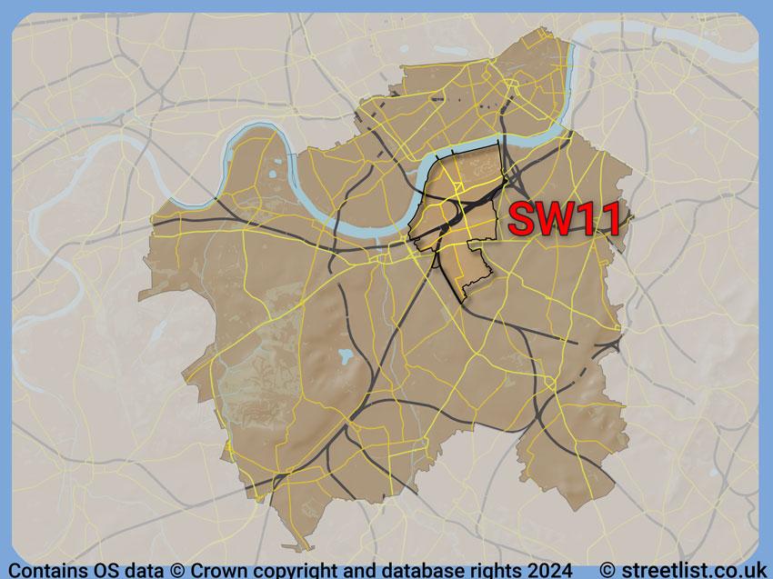 Where the SW11 postcode district lies within the wider  postcode area