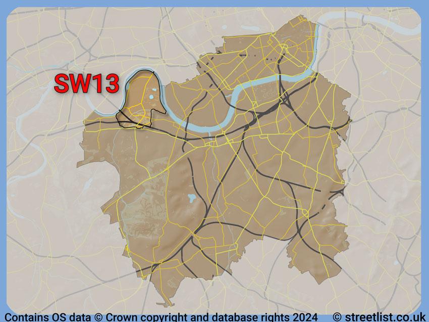 Where the SW13 postcode district lies within the wider  postcode area