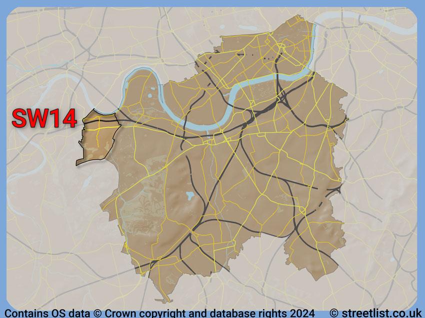 Where the SW14 postcode district lies within the wider  postcode area