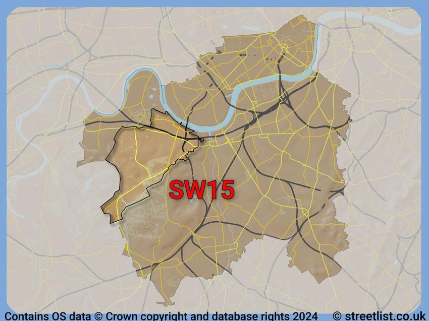 Where the SW15 postcode district lies within the wider  postcode area