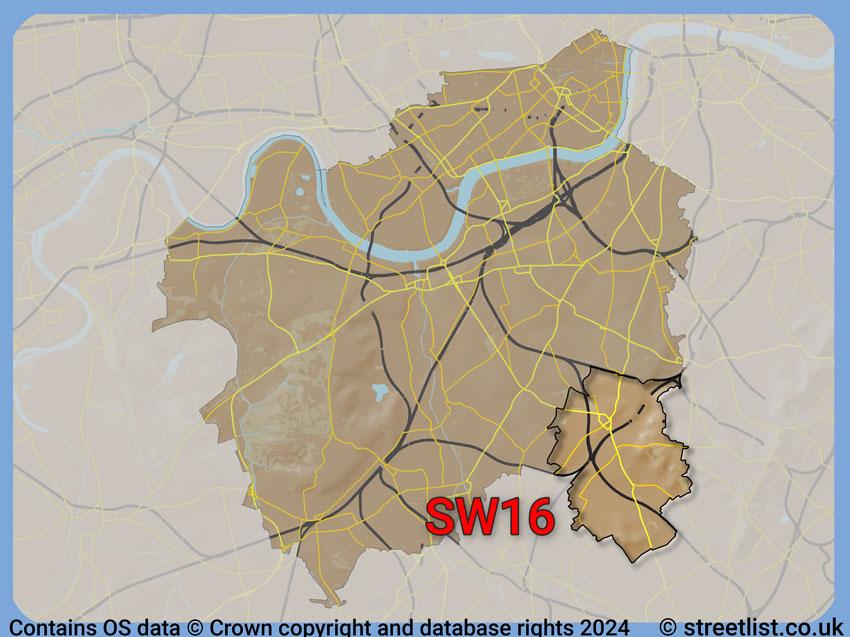 Where the SW16 postcode district lies within the wider  postcode area