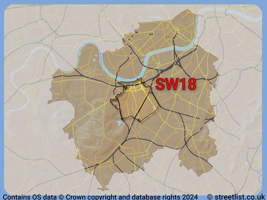 Where the SW18 postcode district lies within the wider  postcode area