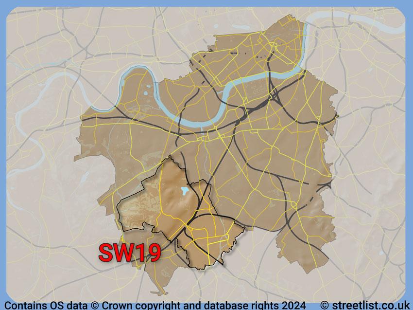 Where the SW19 postcode district lies within the wider  postcode area