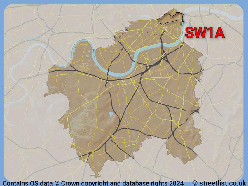 Where the SW1A postcode district lies within the wider  postcode area