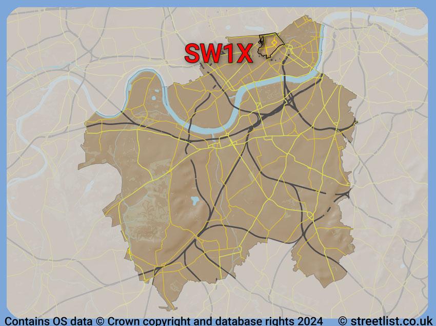 Where the SW1X postcode district lies within the wider  postcode area