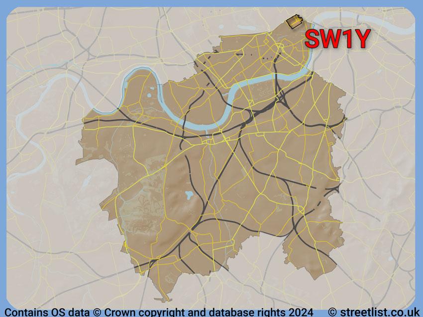 Where the SW1Y postcode district lies within the wider  postcode area