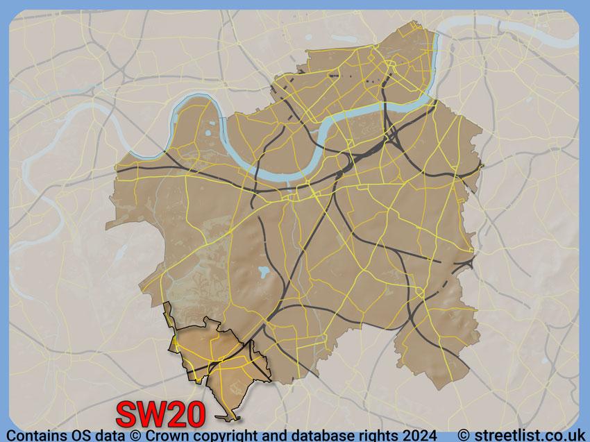 Where the SW20 postcode district lies within the wider  postcode area