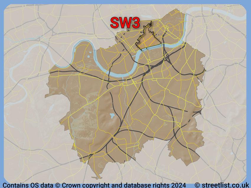 Where the SW3 postcode district lies within the wider  postcode area